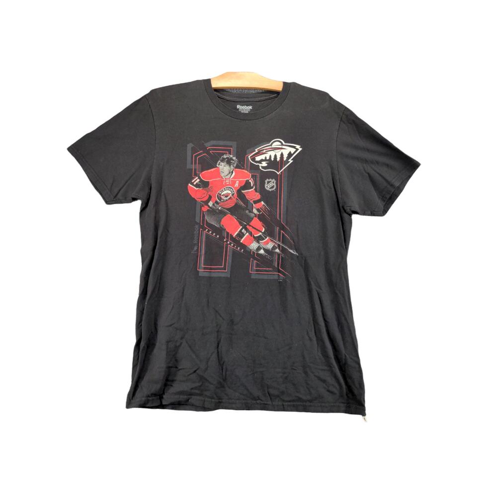 Mens Reebok NHL Hockey T Shirt Size L Black 21W 29.5L Zach Parise Minnesota Wild